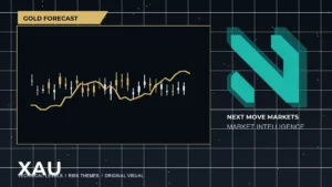 Next Move Markets Gold Forecast Dark Desk Logo visual with official N logo