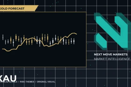 Next Move Markets Gold Forecast Dark Desk Logo visual with official N logo