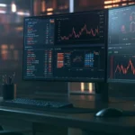 Crypto trading desk with market screens