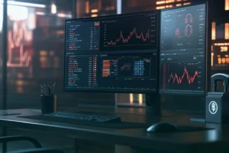 Crypto trading desk with market screens