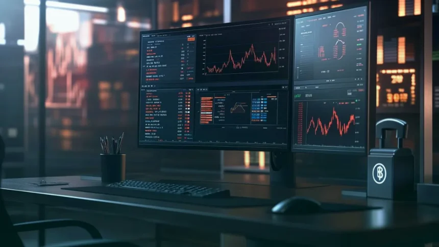 Crypto trading desk with market screens