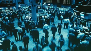 Blue market trading floor with active traders