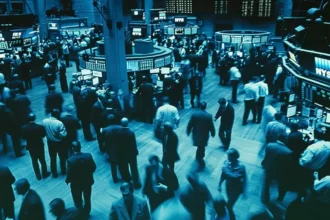 Blue market trading floor with active traders