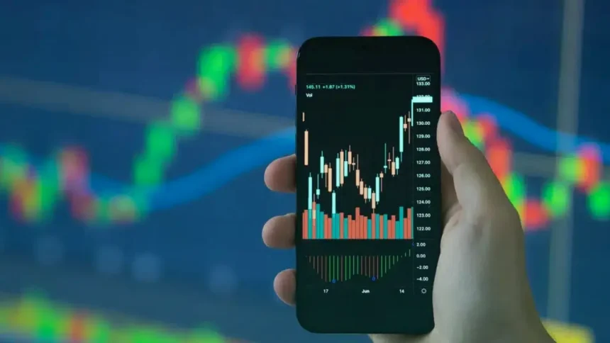 Mobile trading chart with candlestick analysis