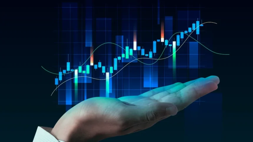 Technical analysis chart above trader hand