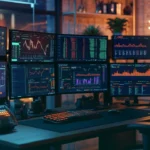 Trading desk with multi-screen market dashboards