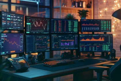 Trading desk with multi-screen market dashboards
