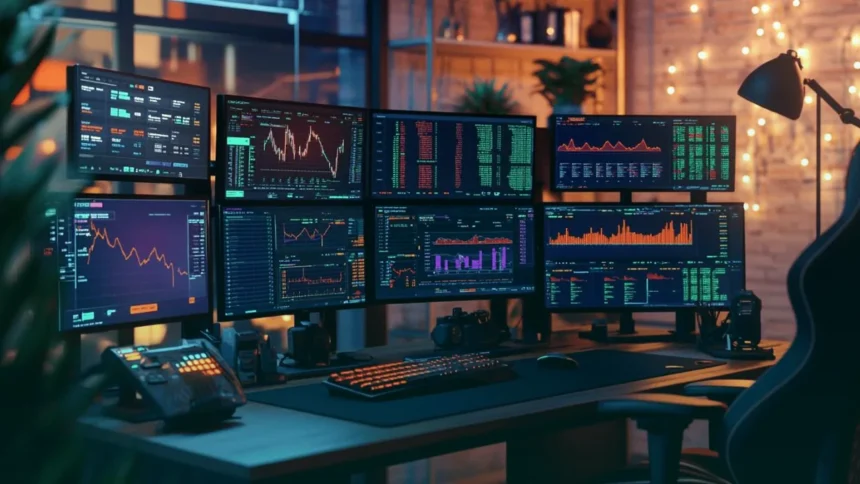 Trading desk with multi-screen market dashboards