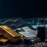 Commodities research desk with metals and market charts