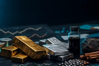 Commodities research desk with metals and market charts