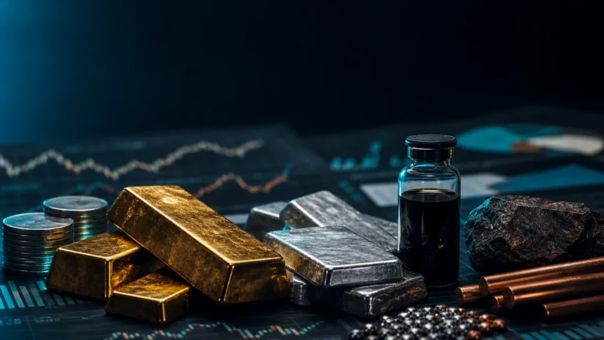 Commodities research desk with metals and market charts