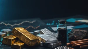 Commodities research desk with metals and market charts, clean news variation