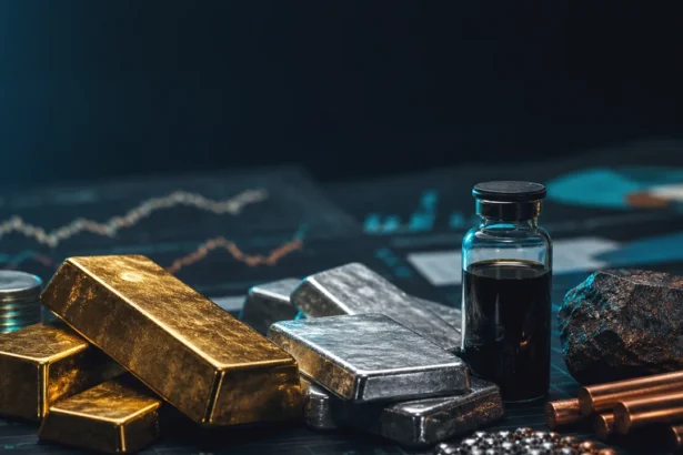 Commodities research desk with metals and market charts, clean news variation
