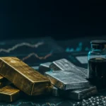 Commodities research desk with metals and market charts, teal dark variation