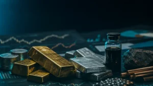 Commodities research desk with metals and market charts, teal dark variation