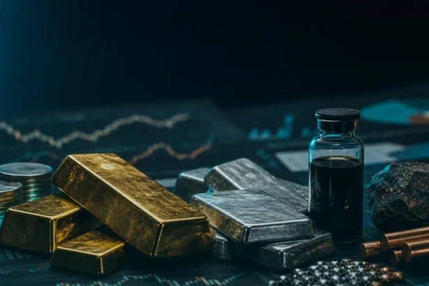 Commodities research desk with metals and market charts, teal dark variation