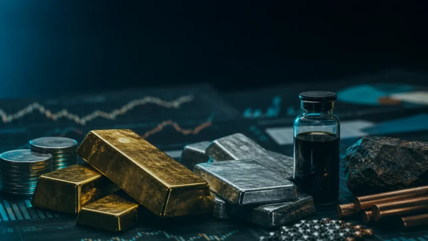 Commodities research desk with metals and market charts, teal dark variation