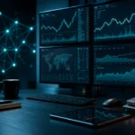 Digital assets research desk with abstract crypto market charts