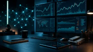 Digital assets research desk with abstract crypto market charts
