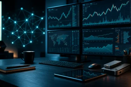 Digital assets research desk with abstract crypto market charts