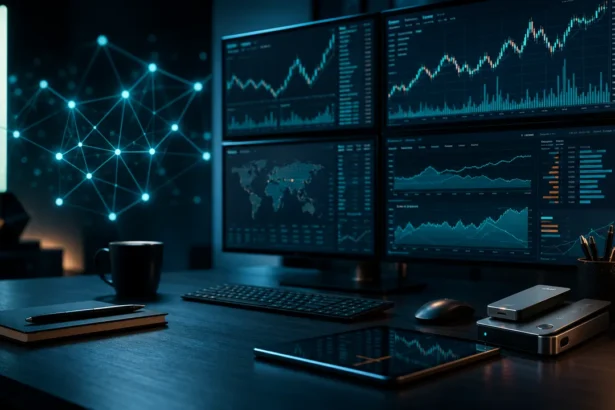 Digital assets research desk with abstract crypto market charts