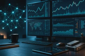 Digital assets research desk with abstract crypto market charts, clean news variation