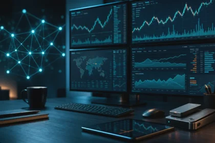 Digital assets research desk with abstract crypto market charts, clean news variation