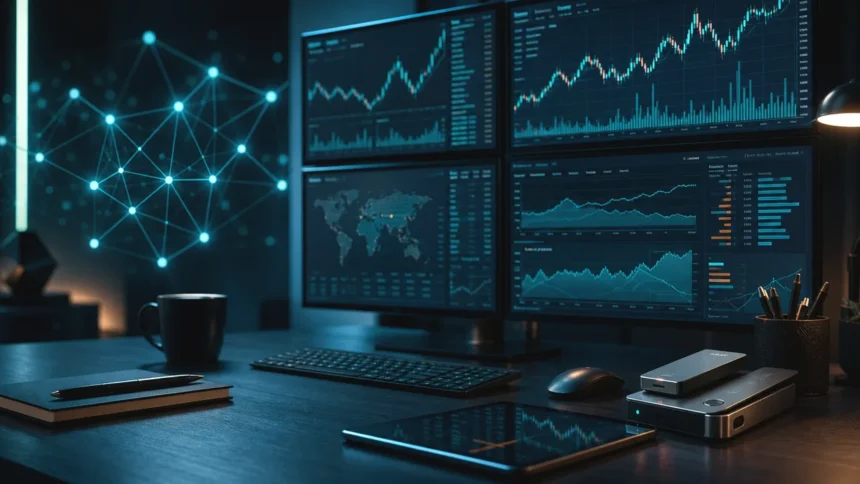 Digital assets research desk with abstract crypto market charts, clean news variation