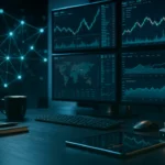 Digital assets research desk with abstract crypto market charts, teal dark variation