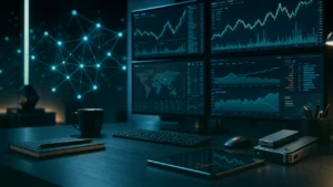 Digital assets research desk with abstract crypto market charts, teal dark variation