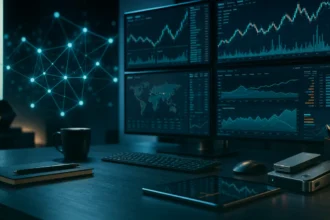 Digital assets research desk with abstract crypto market charts, teal dark variation
