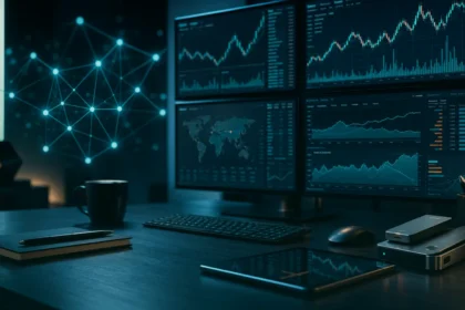 Digital assets research desk with abstract crypto market charts, teal dark variation