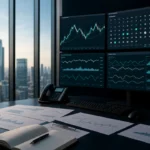 Forex macro research room with city market backdrop