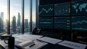 Forex macro research room with city market backdrop