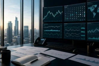 Forex macro research room with city market backdrop