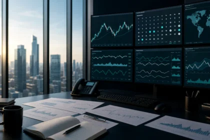 Forex macro research room with city market backdrop