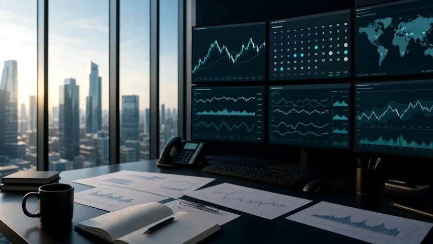 Forex macro research room with city market backdrop