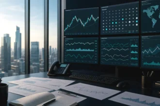 Forex macro research room with city market backdrop, clean news variation