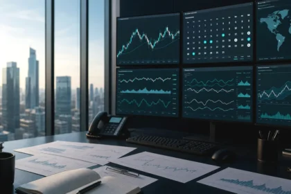 Forex macro research room with city market backdrop, clean news variation