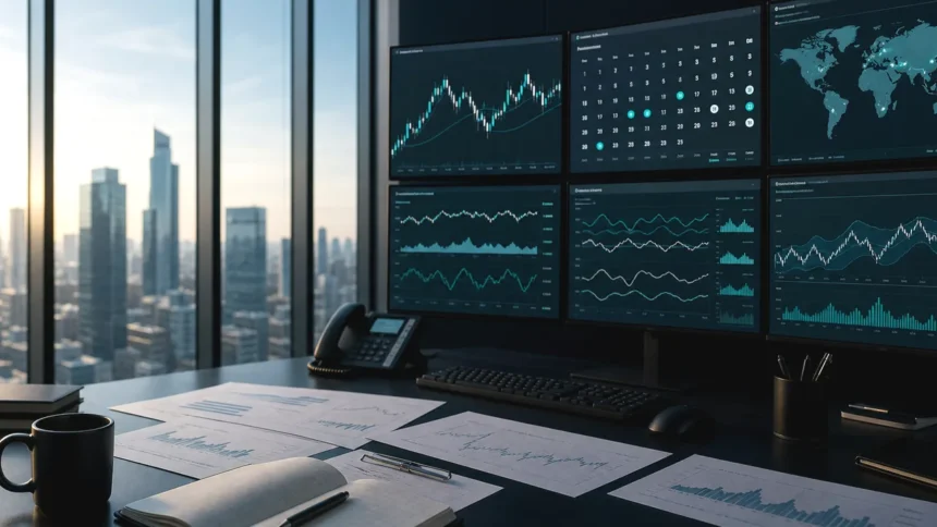 Forex macro research room with city market backdrop, clean news variation