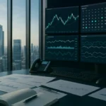Forex macro research room with city market backdrop, teal dark variation