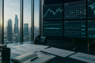 Forex macro research room with city market backdrop, teal dark variation