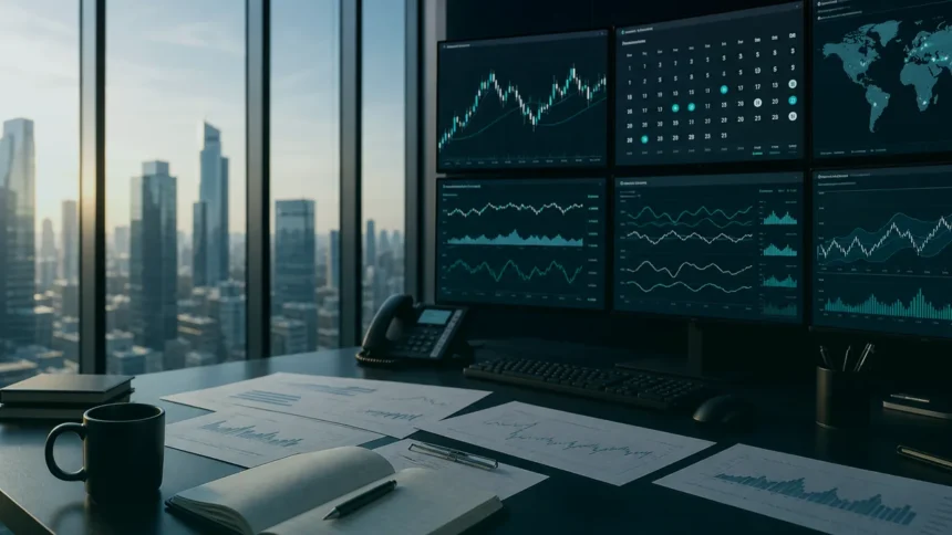 Forex macro research room with city market backdrop, teal dark variation