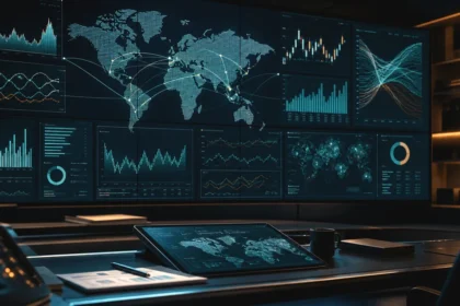 Global market drivers command wall with macro dashboards, clean news variation