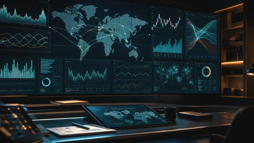 Global market drivers command wall with macro dashboards, clean news variation