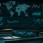 Global market drivers command wall with macro dashboards, teal dark variation