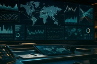 Global market drivers command wall with macro dashboards, teal dark variation