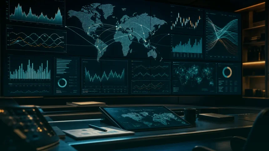 Global market drivers command wall with macro dashboards, teal dark variation