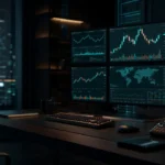 Institutional trading desk with abstract market dashboards
