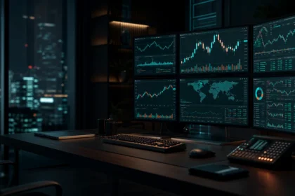 Institutional trading desk with abstract market dashboards